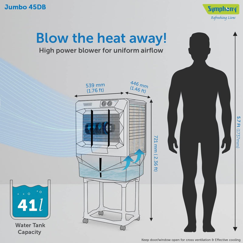 Symphony Jumbo 45 DB Desert Air Cooler For Home with Aspen Pads, Powerful Double Blower