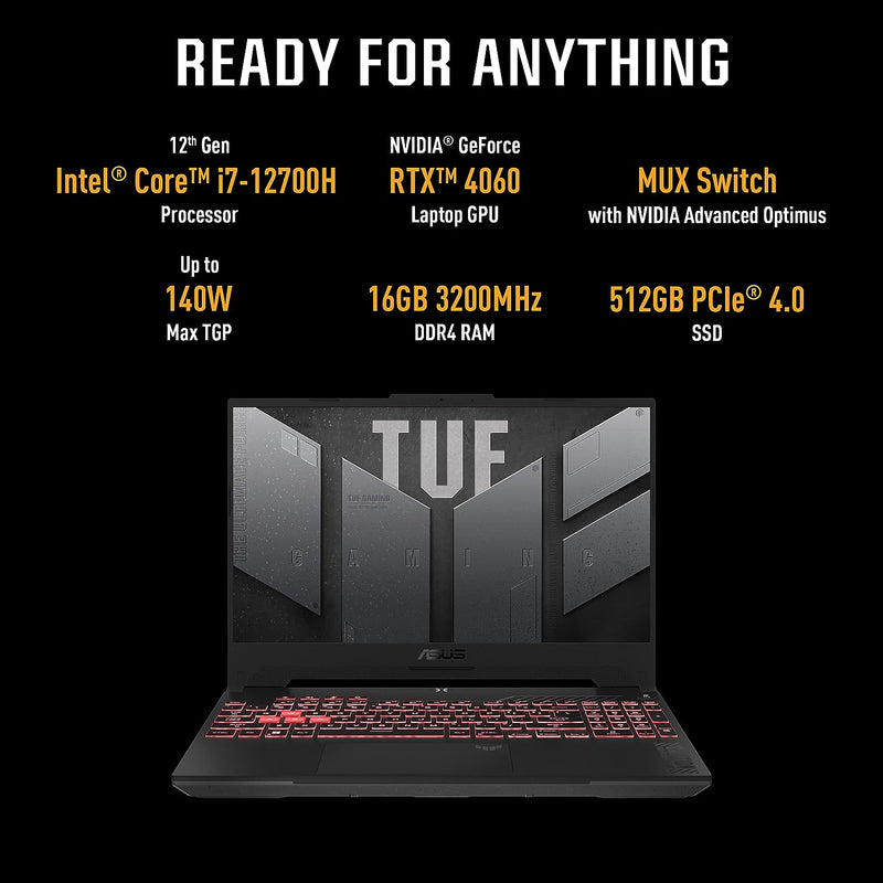 ASUS TUF Gaming F15 (2023) 90WHr Battery, Intel Core i7-12700H 12th Gen, 15.6" FHD 144Hz, 8GB RTX 4060, Gaming Laptop (16GB/512GB SSD/Windows 11