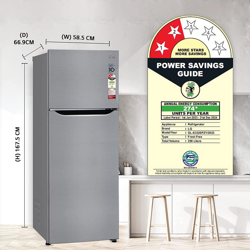 LG 288 L 2 Star Smart Inverter Frost-Free Double Door Refrigerator (GL-S322SPZY, Shiny Steel, Convertible)