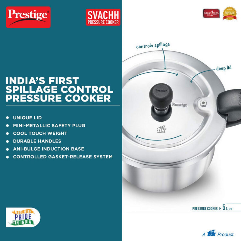 Prestige Svachh Aluminium Outer Lid Pressure Cooker, With Spillage Control, 5L, Silver