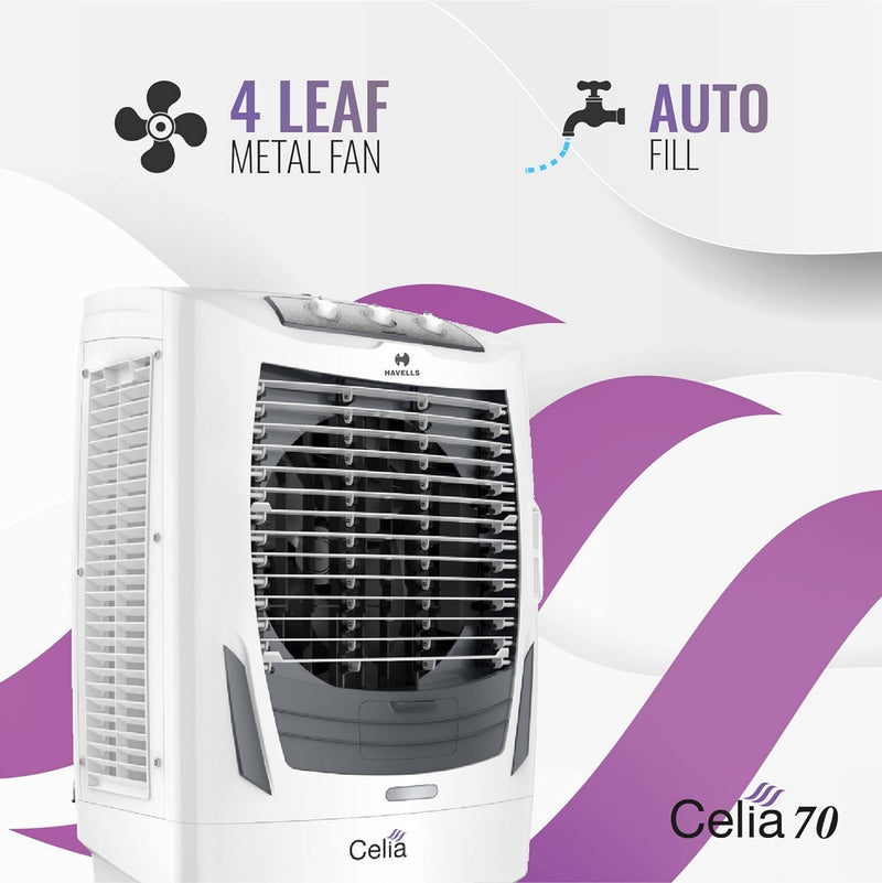 Havells Celia 70L Air Cooler for home | Ice Chamber | Collapsible Louvers | 4 Leaf Metal Blade | Powerful Air Delivery | Everlast Pump | 3 Side High Density Honeycomb Pads