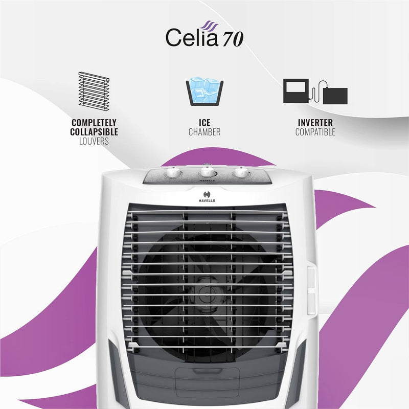 Havells Celia 70L Air Cooler for home | Ice Chamber | Collapsible Louvers | 4 Leaf Metal Blade | Powerful Air Delivery | Everlast Pump | 3 Side High Density Honeycomb Pads