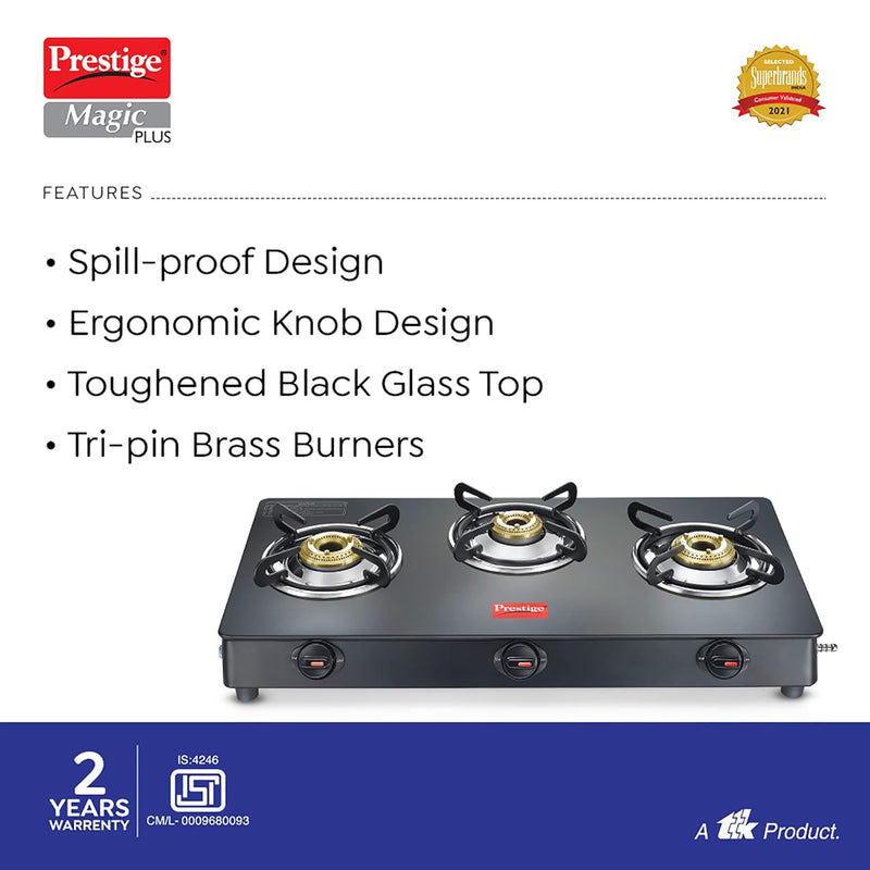 Prestige Magic plus Toughened Glass-Top 3 Brass Burner LPG Gas Stove(GTMP-03) | Black Spill Proof Design | Ergonomic Knob | Tri-Pin Burner