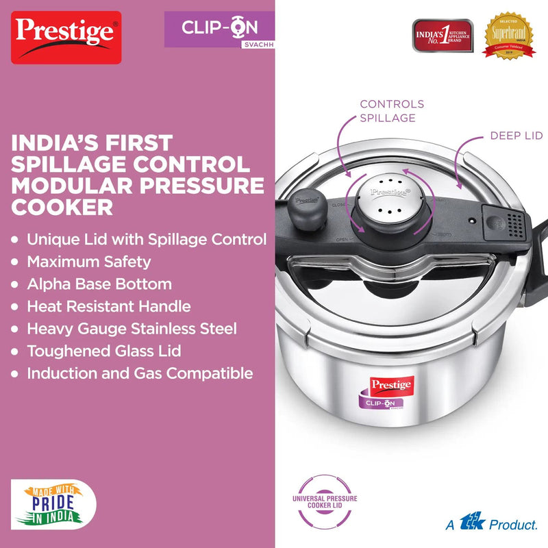 Prestige 5 Litres Svachh Clip-on Induction Base Outer Lid Stainless Steel Pressure cooker | Easy to Open lid | Deep Lid controls spillage