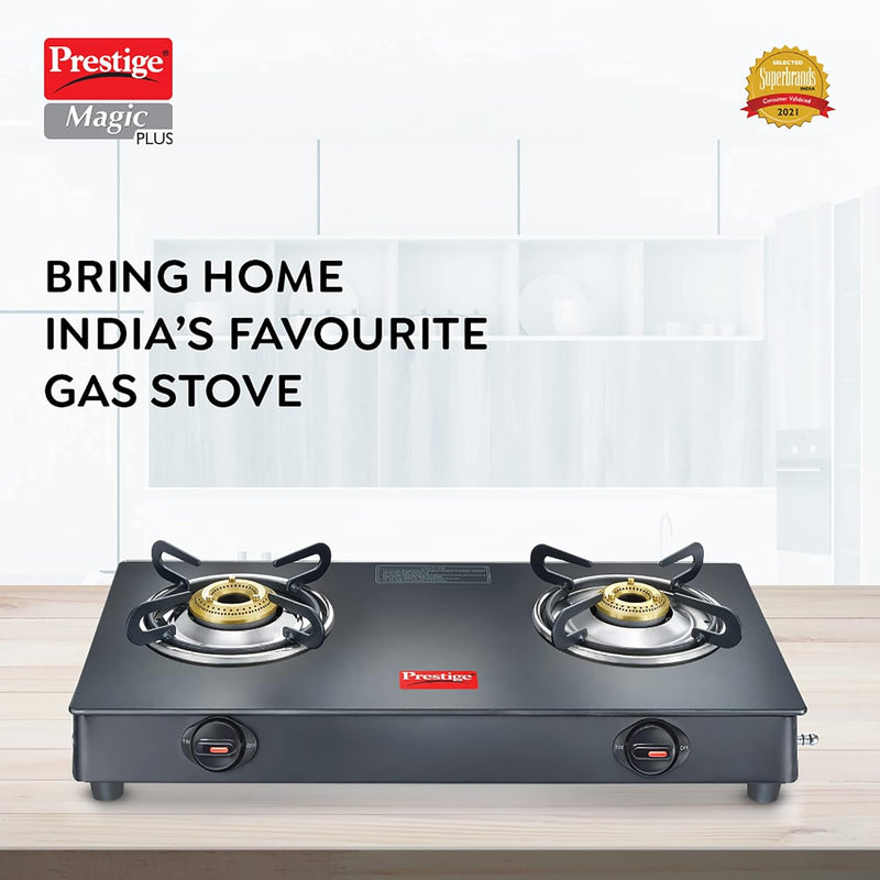 Prestige Magic plus Toughened Glass-Top 2 Brass Burner LPG Gas Stove(GTMP-02)