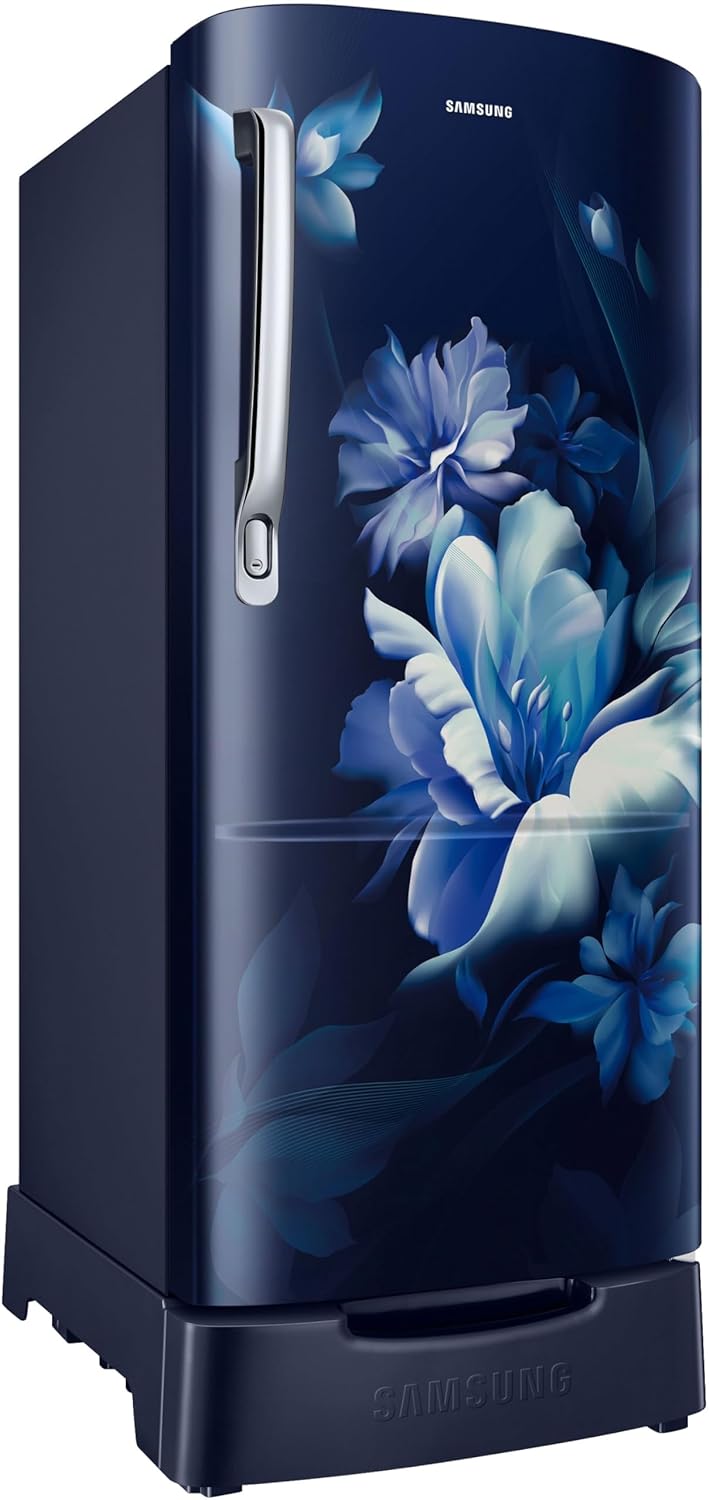Samsung 183 L, 3 Star, Digital Inverter, Direct-Cool Single Door Refrigerator (RR20D1823UZ/HL, Midnight Blossom Blue, Base Stand Drawer)