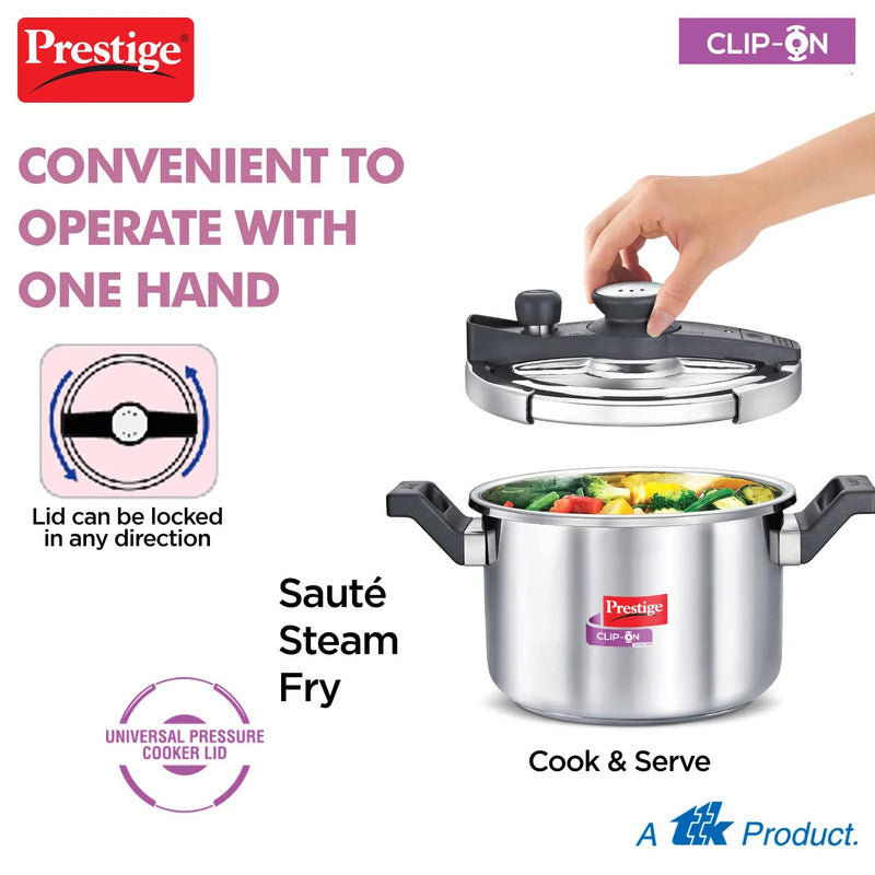 Prestige 5 Litres Svachh Clip-on Induction Base Outer Lid Stainless Steel Pressure cooker | Easy to Open lid | Deep Lid controls spillage