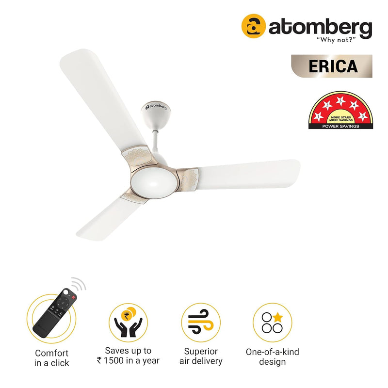 atomberg Erica 1200mm BLDC Motor 5 Star Rated Designer Ceiling Fans with Remote Control | High Air Delivery and LED Indicators | (Snow White)