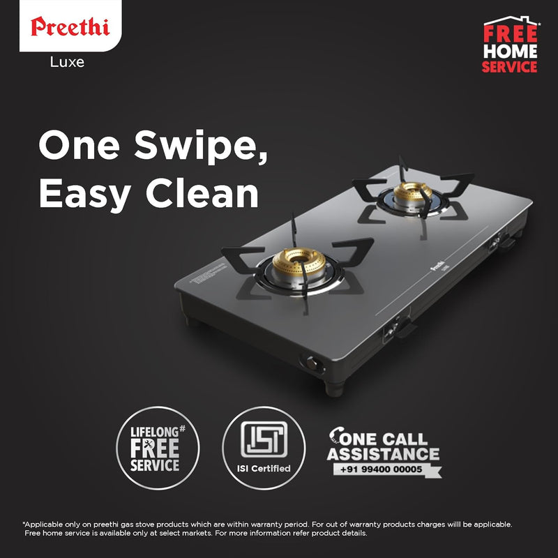 Preethi Luxe 2 Burner Glass Top Gas Stove With Driptray Less Infinity Design