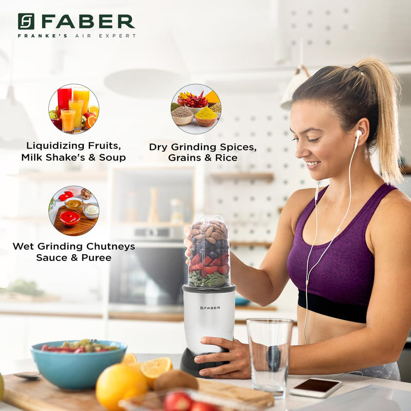 Faber 2-in-1 Sportz Blender | Liquidizing & Grinding (Wet & Dry) | ABS Body, SS Blades, 400W Copper Motor, Overheat Protector, Push & Lock Control | 2 PC Jars, Multipurpose Lids