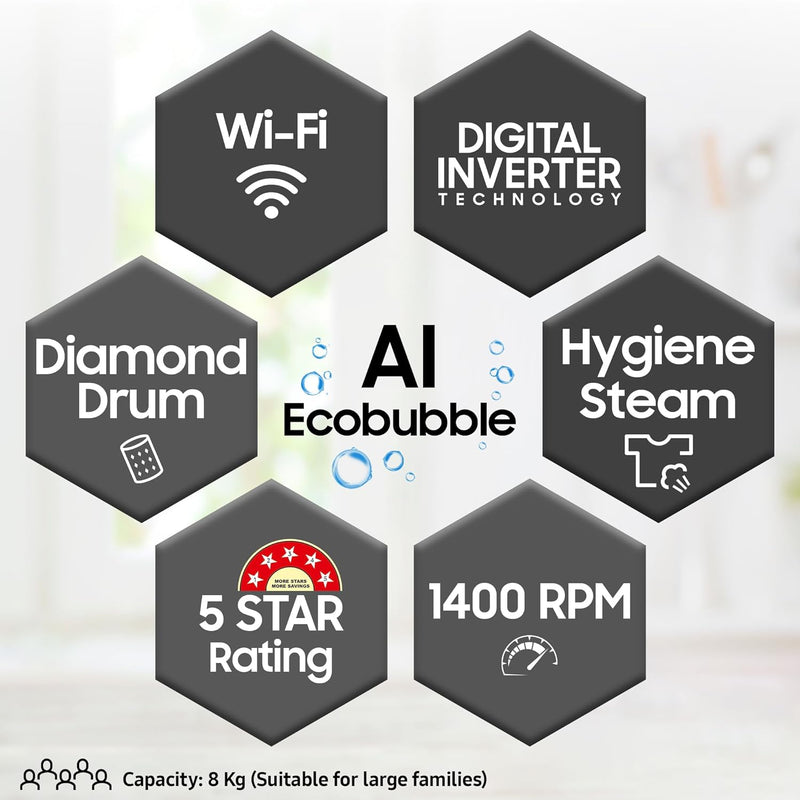 Samsung 8 kg, 5 star, Eco Bubble Technology, AI Control, Wi-Fi, Digital Inverter, Motor, Fully-Automatic Front Load Washing Machine (WW80T504DAB1TL, Hygiene Steam, Black Caviar)