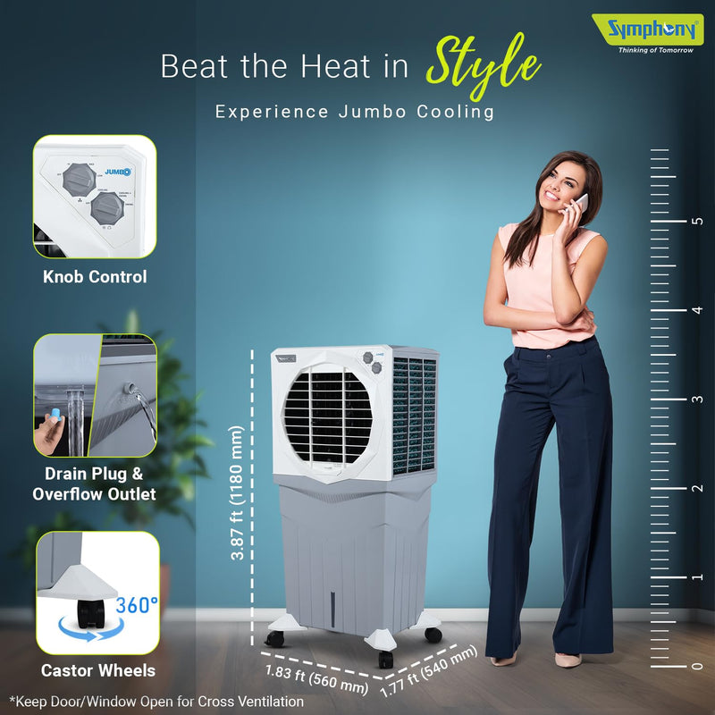 Symphony Jumbo 95XL+ Desert Air Cooler for Home with Honeycomb Pads, Powerful Fan, and Cool Flow Dispenser (95L)