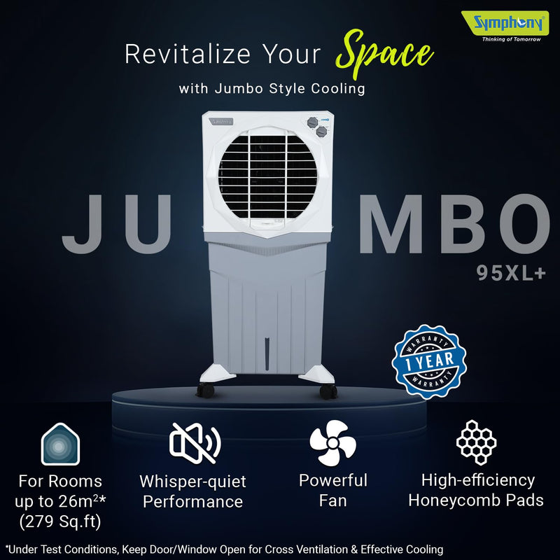 Symphony Jumbo 95XL+ Desert Air Cooler for Home with Honeycomb Pads, Powerful Fan, and Cool Flow Dispenser (95L)