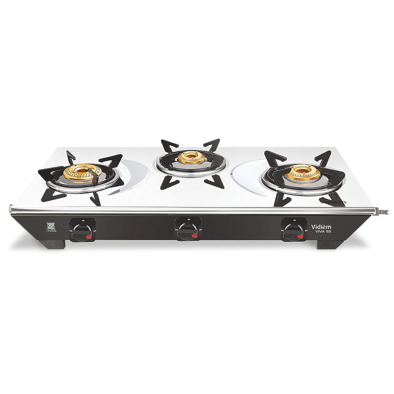 Vidiem Gas Stove S3 179 A Viva (Silver & Black) | 3 Burner Stainless Steel