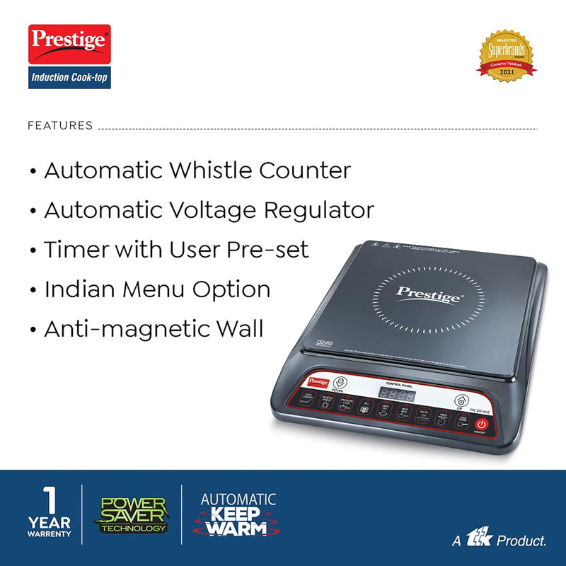 Prestige PIC 20 WIZ 1600W Induction Cooktop(Black, Automatic Whistle Counter, Indian Menu Option)