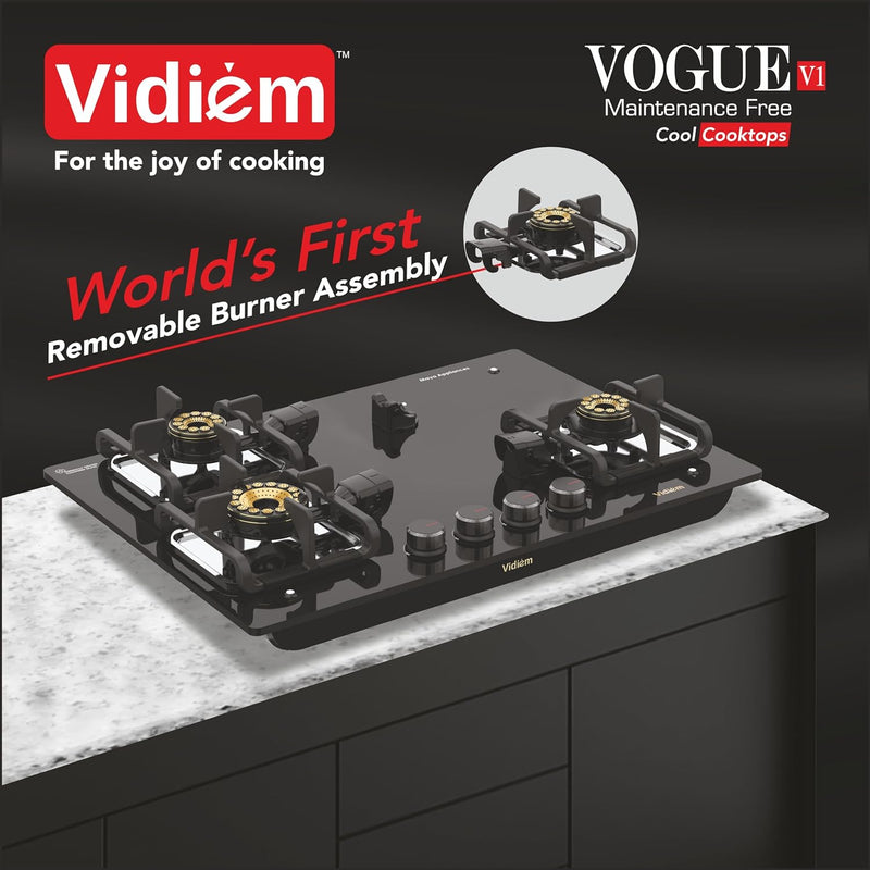 Vidiem Vogue V1 4-Burner Gas Cooktop/Hob | World's First Fully Removable Burner Assembly | 10MM Toughened Glass