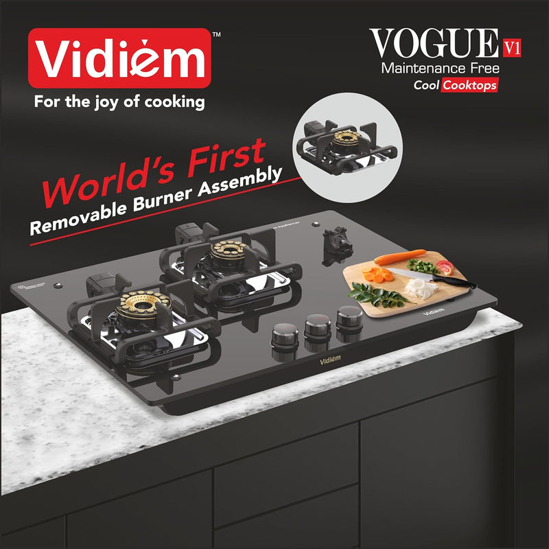 Vidiem Vogue V1-3Burner Gas Cooktop/Hob | World's First Fully Removable Burner Assembly