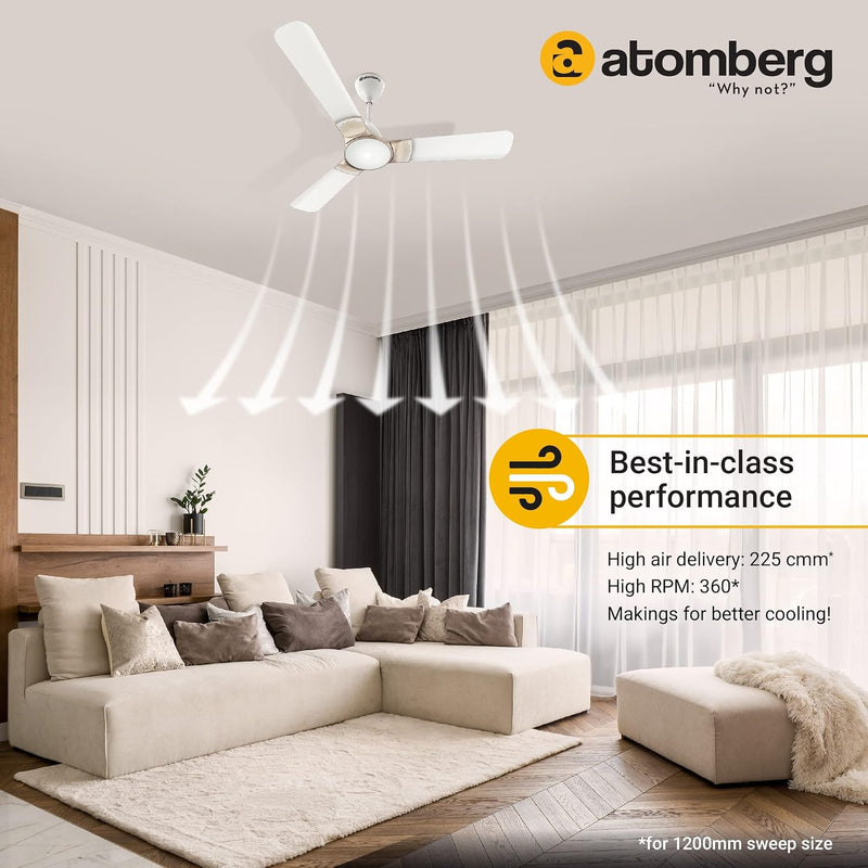 atomberg Erica 1200mm BLDC Motor 5 Star Rated Designer Ceiling Fans with Remote Control | High Air Delivery and LED Indicators | (Snow White)