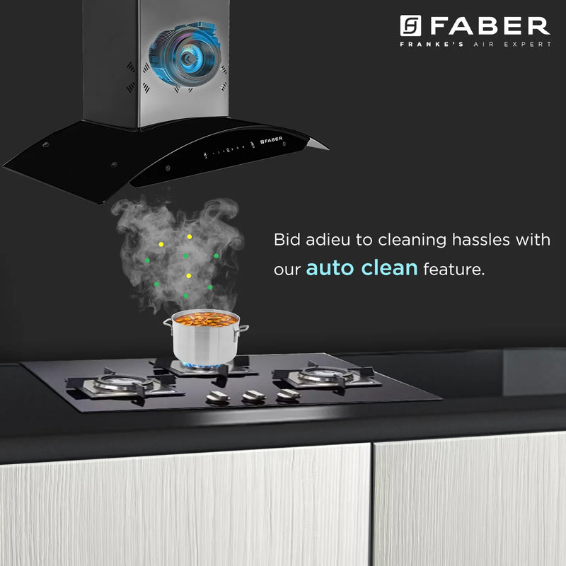 FABER Hood Ellora 3D IN HC SC BF BK 90cm 1400m3/hr Ducted Auto Clean Wall Mounted Chimney with Baffle Filter (Black)