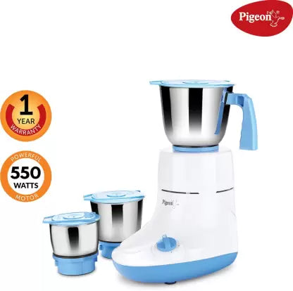 Pigeon by Stovekraft Glory 550 Watt Mixer Grinder with 3 Stainless Steel Jars for Dry Grinding, Wet Grinding and Making Chutney, white (14430)