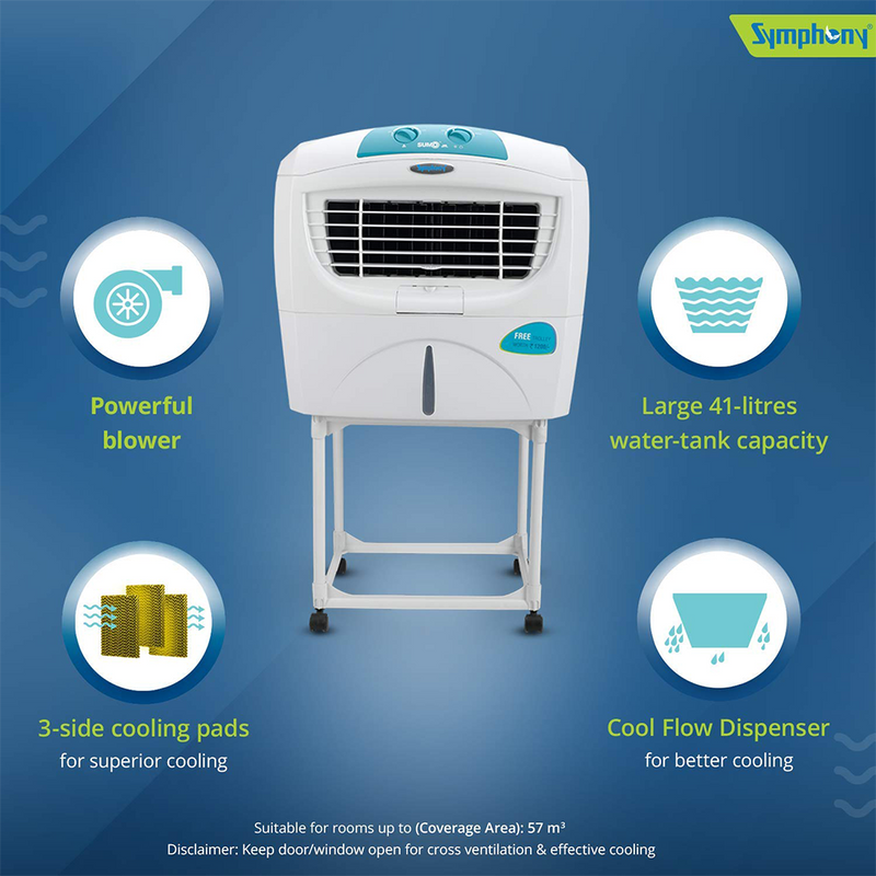 Symphony Sumo Jr. Portable Desert Air Cooler 45-litres with Trolley, Powerful Blower, 3-Side Cooling Pads, Automatic Vertical Swing