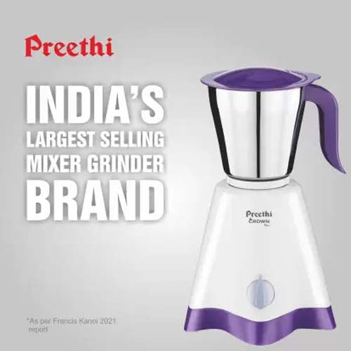 Preethi Crown Pro MG-254 600W Mixer Grinder (3 Jars, White/Purple)