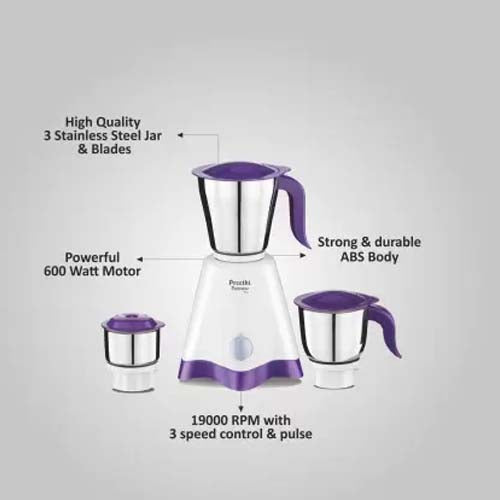 Preethi Crown Pro MG-254 600W Mixer Grinder (3 Jars, White/Purple)