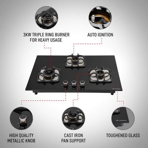 Faber Hob top IMPERIA 783 BRB CI BK Glass Automatic Hob  (3 Burners) - James & Co